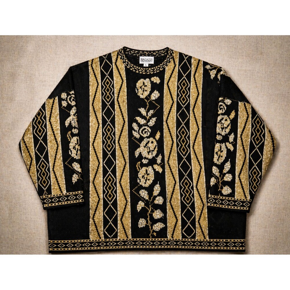 Vintage Lurex Sweater Womens 26W Black Gold Floral Basic Editions Made USA Plus